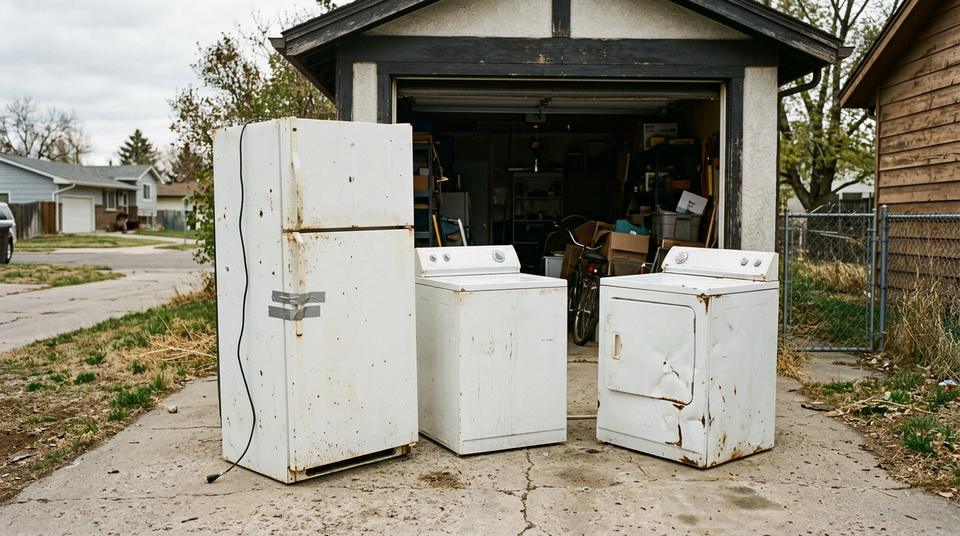 Old refrigerator, washer and dryer standing on a driveway, ready for appliance removal