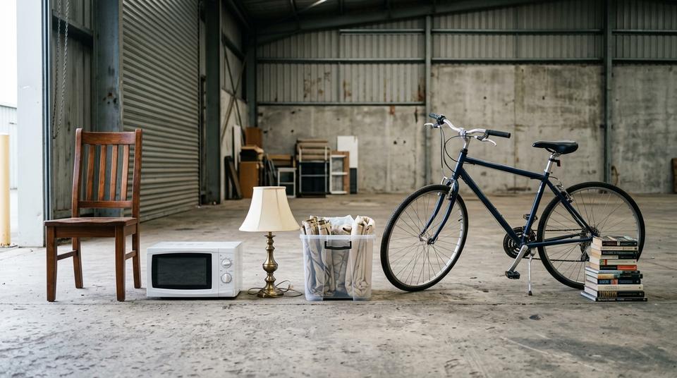 Working microwave, lamp, chair and bicycle sorted for donation instead of the landfill