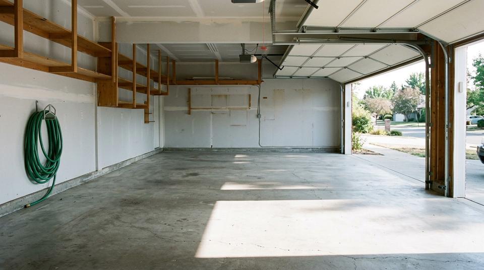 The same garage swept empty after a cleanout, bare concrete floor and clear walls