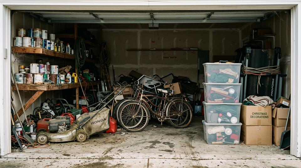 Cluttered two-car garage packed with bins, tools and a broken lawnmower before a cleanout