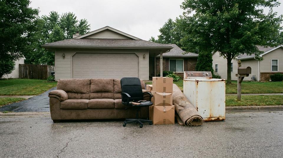 Sofa, office chair, boxes and a washing machine stacked on a driveway before a junk removal pickup