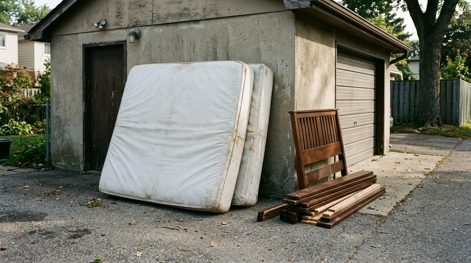 Queen mattress, box spring and a dismantled bed frame leaning against a garage wall