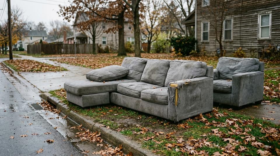 Worn grey sectional sofa and armchair set out at the kerb for furniture removal