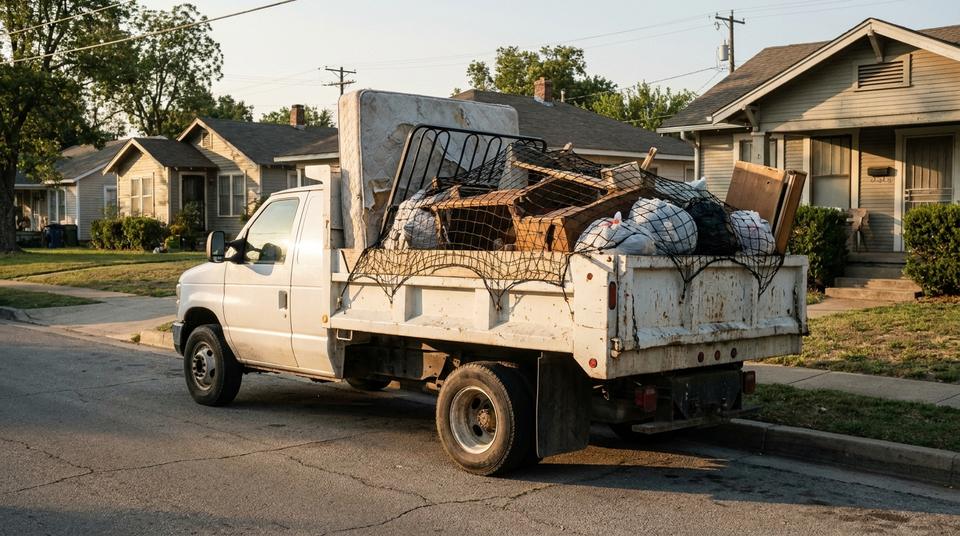 Flatbed truck loaded with furniture, a mattress and bagged debris, strapped down under a cargo net