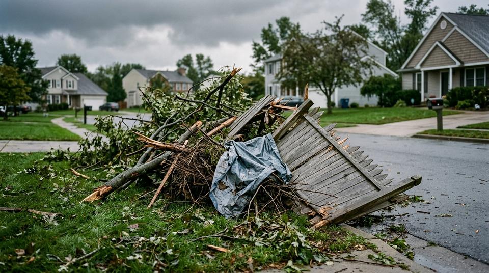 Storm-broken branches and a collapsed fence section piled at the edge of a front lawn